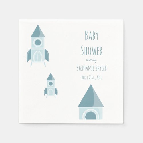 Illustrated White Blue Rocket Ship Baby Shower Napkins