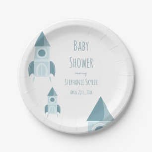 Illustrated White Blue Rocket Ship Baby Shower Paper Plates