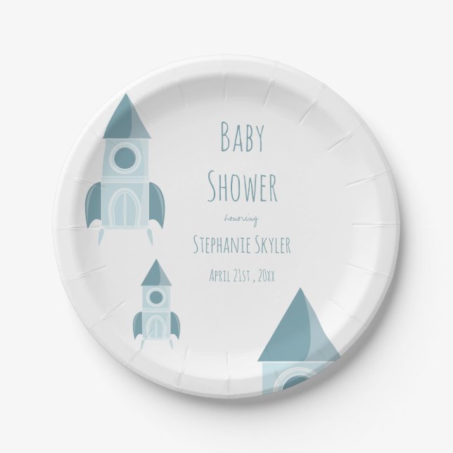 Illustrated White Blue Rocket Ship Baby Shower Paper Plates (Front)