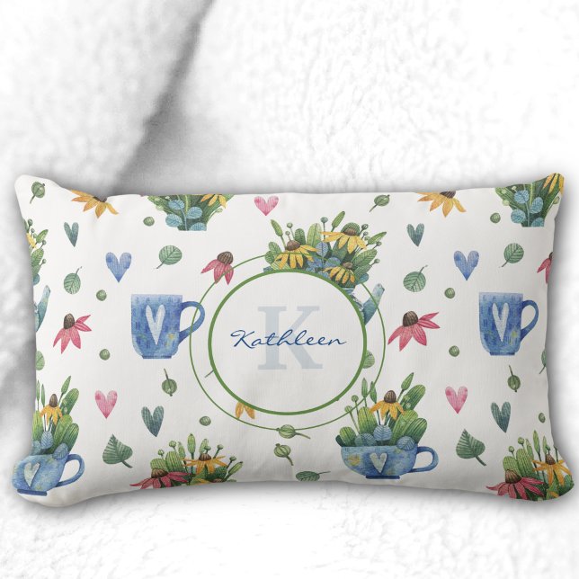 Illustrated Wildflowers Coneflowers Teapots Hearts Lumbar Pillow (Creator Uploaded)