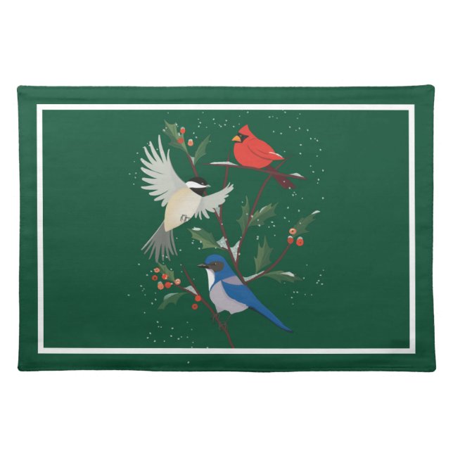 Illustrated Winter Birds Holly Christmas Cloth Placemat (Front)