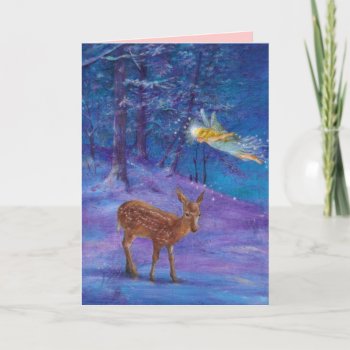 Illustrated Winter Fairy & Deer In Magical Woods Holiday Card by paintedcottage at Zazzle