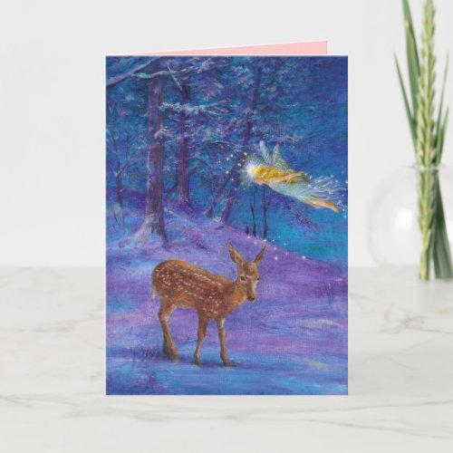 Illustrated Winter Fairy  Deer in Magical Woods Holiday Card