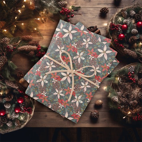 Illustrated Winter Floral Poinsettia Christmas Wrapping Paper Sheets
