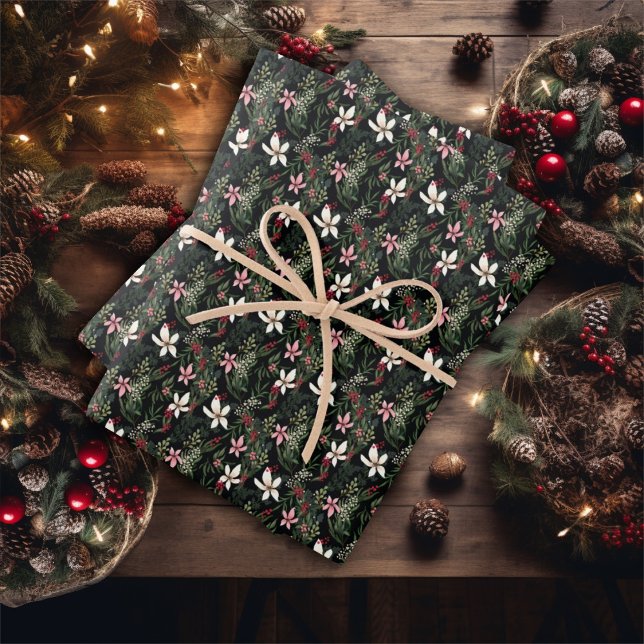 Illustrated Winter Floral Poinsettia Christmas Wrapping Paper Sheets (Creator Uploaded)