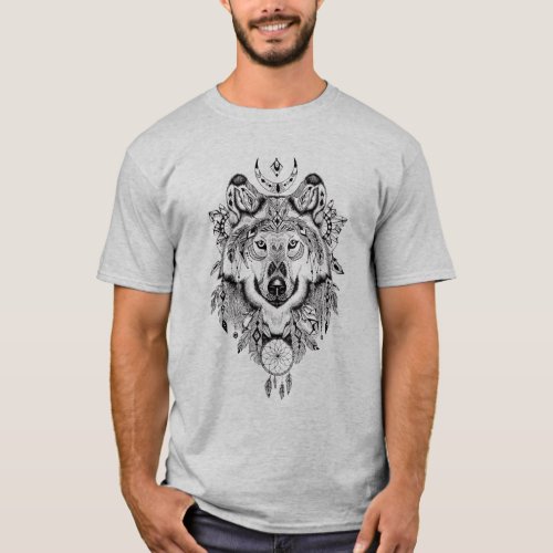Illustrated Wolf Dream catcher T_Shirt