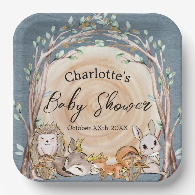 Illustrated Woodland Forest Animals Baby Shower Paper Plates (Front)