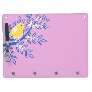 Illustrated Yellow Bird on a Pink Background Dry Erase Board With Keychain Holder