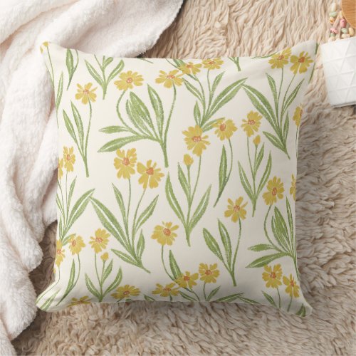 Illustrated Yellow Wild Flower Daisy Pattern Throw Pillow