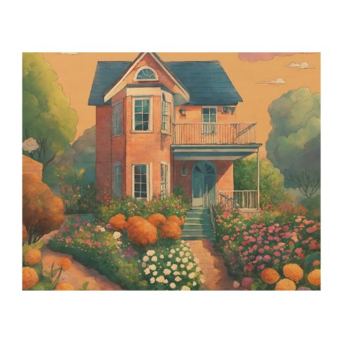 illustration a house garden lots of clouds13_13 wood wall art