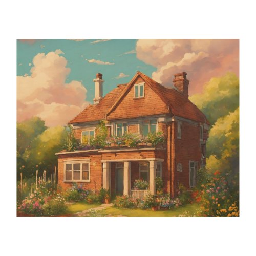 illustration a house garden lots of clouds13_13 wood wall art
