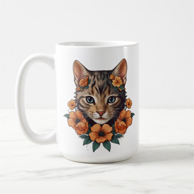  illustration a print of cute kitten head  flowers coffee mug (Left)