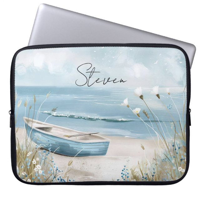 illustration beach scene pastell colors with name laptop sleeve (Front)