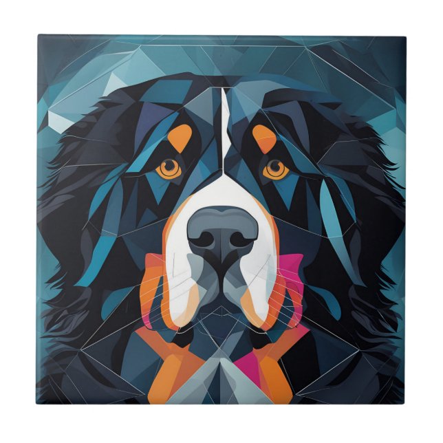 Illustration bernese mountain blue background ceramic tile (Front)