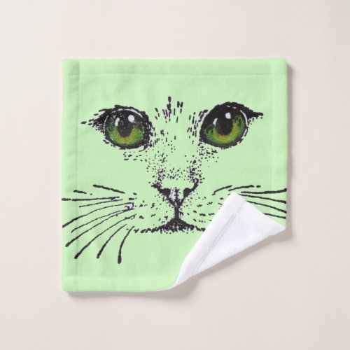 Illustration black Cat Face Green Yellow Eyes Wash Cloth