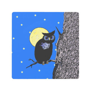 Illustration Black Owl in Tree Yellow Stars Night Metal Print