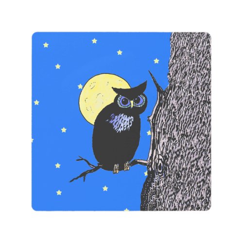 Illustration Black Owl in Tree Yellow Stars Night Metal Print