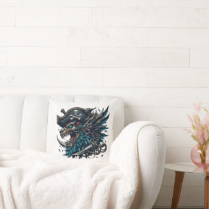 Illustration Blue Dragon Pirate Throw Pillow