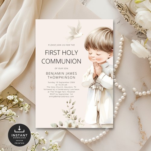  illustration Boy Praying 1st Holy Communion Cream Invitation