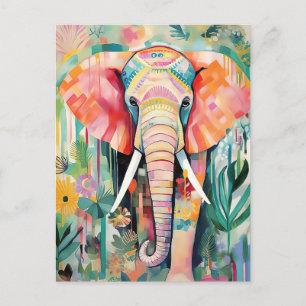 Illustration colored elephant pasted with flowers postcard