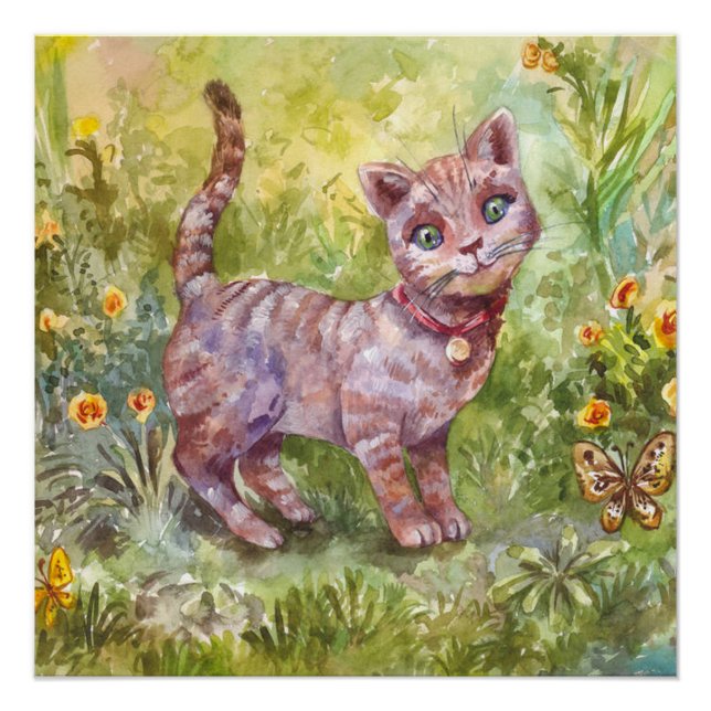 Illustration Cute Kitten Garden Butterfly Flowers Poster (Front)