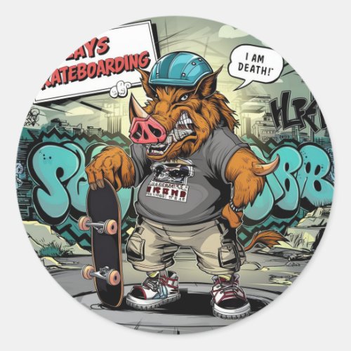 Illustration design of artistic skateboarding wild classic round sticker