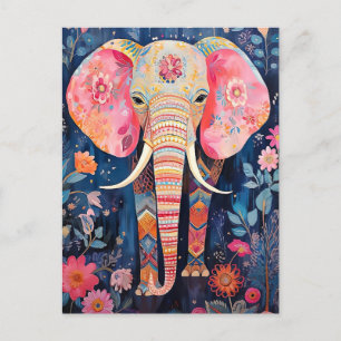 Illustration Elefant with Flowers Postcard