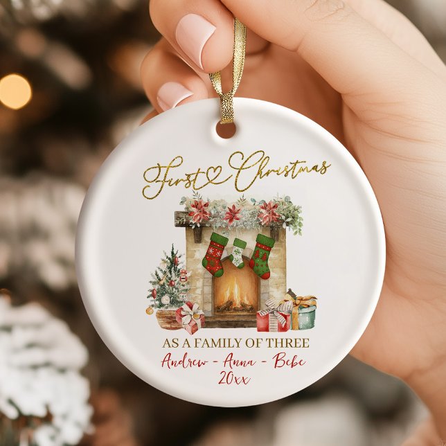Illustration First Christmas Family of Three Ceramic Ornament (Creator Uploaded)