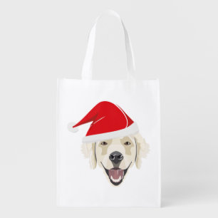 Illustration golden retriever with red Santa hat Grocery Bag