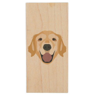 Illustration Golden Retriever Wood USB Flash Drive