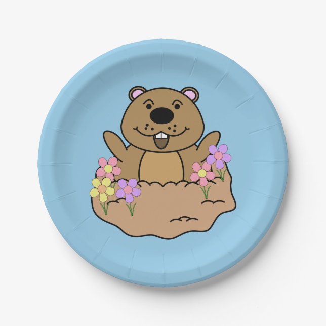 Illustration Groundhog with Flowers Paper Plates (Front)