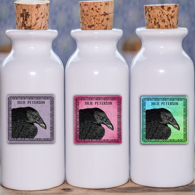 Illustration Head of Black Crow in Gothic Frame Kids' Labels (Head of Black Gothic crow ornate frame on purple, pinkish red and blue green waterproof craft labels)