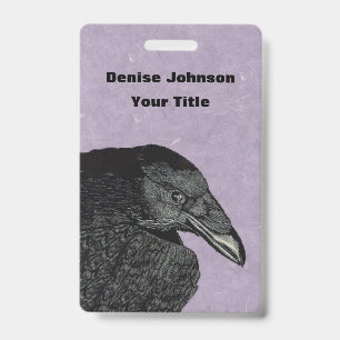 Illustration Head Wing of Black Crow on Purple Badge