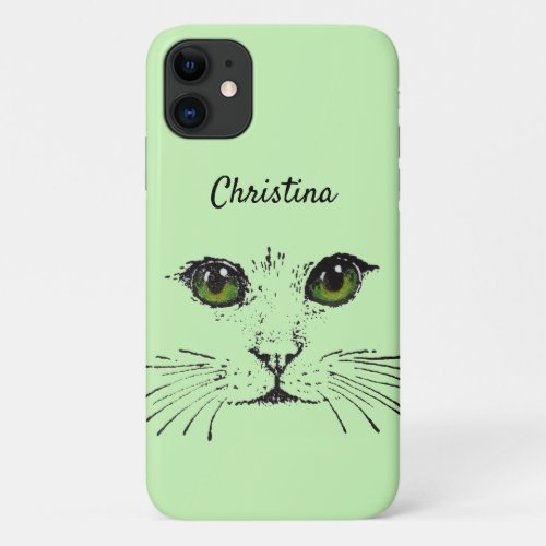 Illustration in Black of Cat Face Whiskers Green iPhone 11 Case