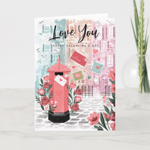Illustration London City Street Mailbox Valentine Holiday Card