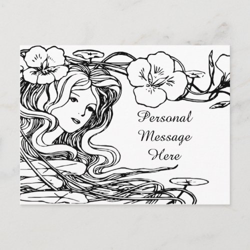 Illustration Lovely Lady Flowing Hair  Flowers Postcard