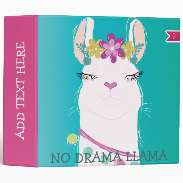 Illustration No Drama Llama Monogram 3 Ring Binder (Front/Spine)