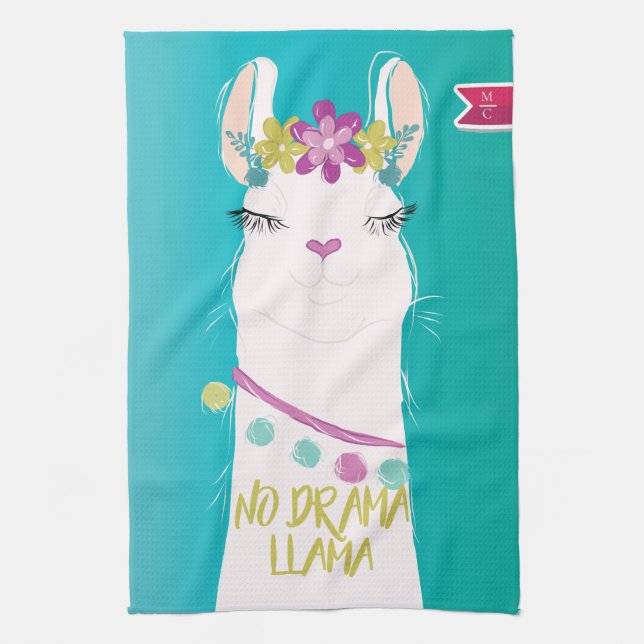 Illustration No Drama Llama with Monogram Kitchen Towel (Vertical)