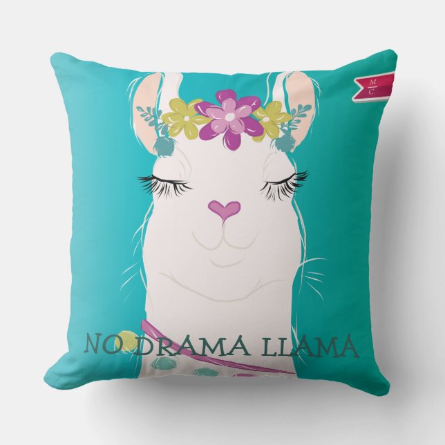 Illustration No Drama Llama with Monogram Throw Pillow (Front)