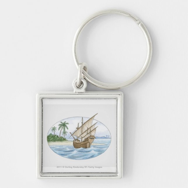 Illustration of 16th Century ship near island Keychain (Front)
