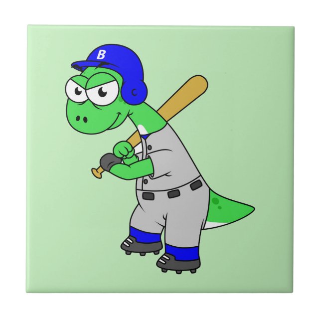 Illustration Of A Brontosaurus Baseball Player. Ceramic Tile (Front)