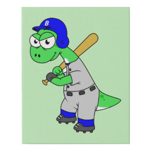 Illustration Of A Brontosaurus Baseball Player. Faux Canvas Print