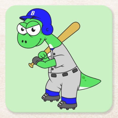 Illustration Of A Brontosaurus Baseball Player Square Paper Coaster