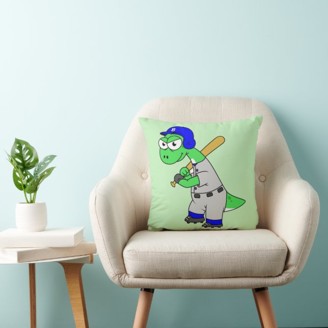Illustration Of A Brontosaurus Baseball Player. Throw Pillow (Chair)