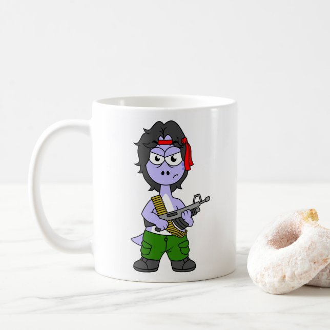 Illustration Of A Brontosaurus Dressed As Rambo. Coffee Mug (With Donut)