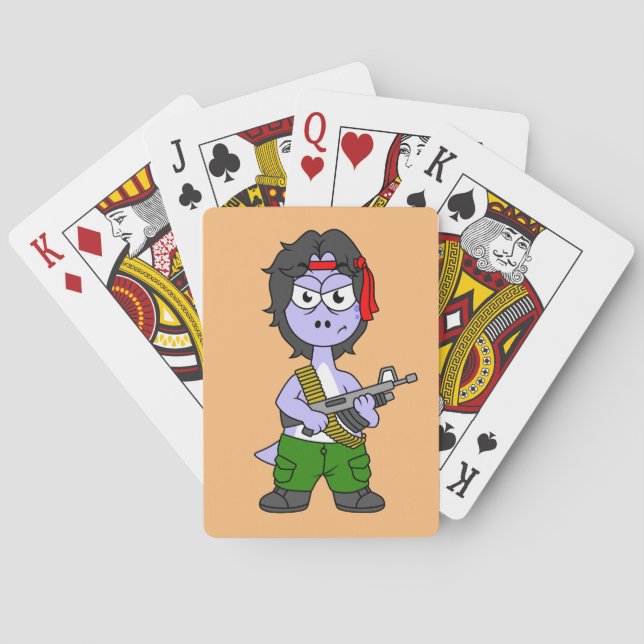 Illustration Of A Brontosaurus Dressed As Rambo. Poker Cards (Back)