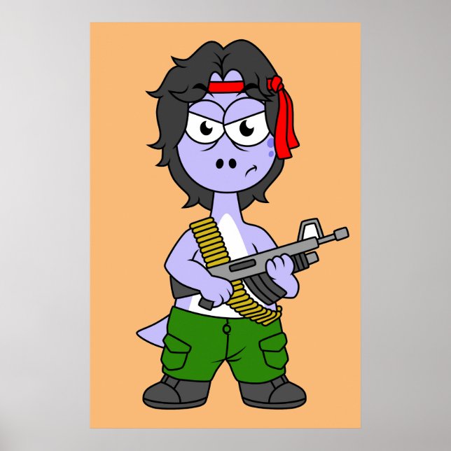Illustration Of A Brontosaurus Dressed As Rambo. Poster (Front)