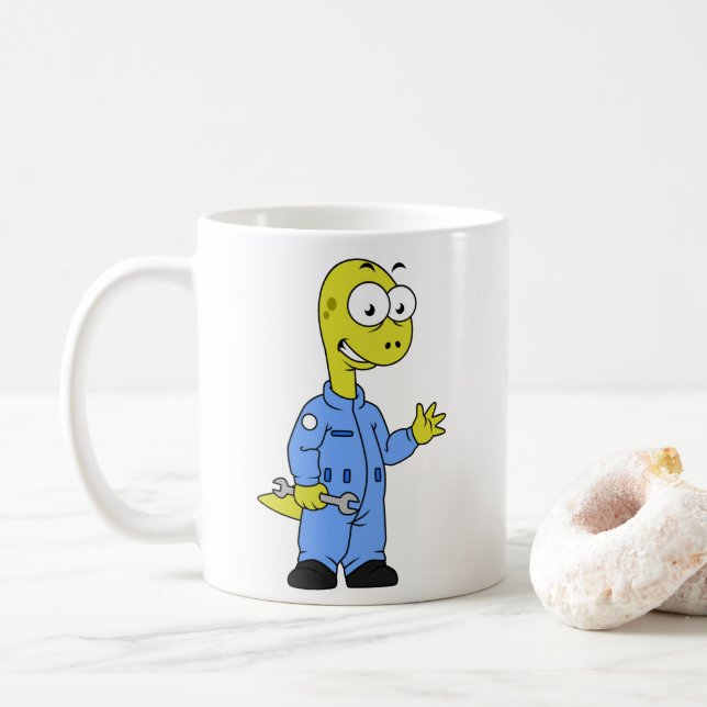Illustration Of A Brontosaurus Mechanic. Coffee Mug (With Donut)