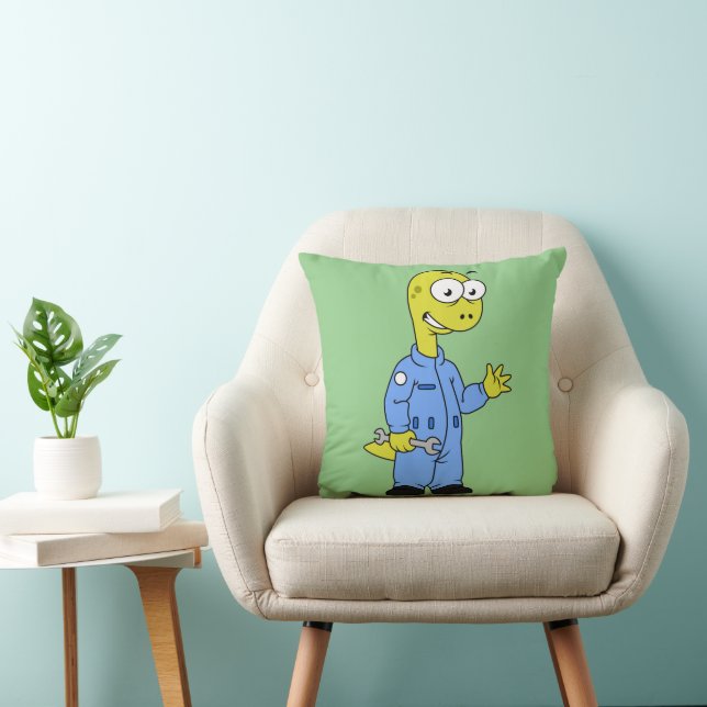 Illustration Of A Brontosaurus Mechanic. Throw Pillow (Chair)