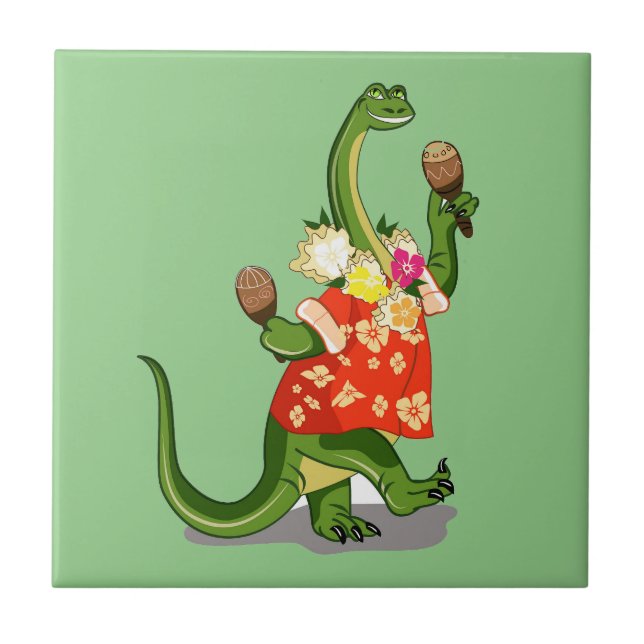 Illustration Of A Brontosaurus Playing Maracas. Ceramic Tile (Front)